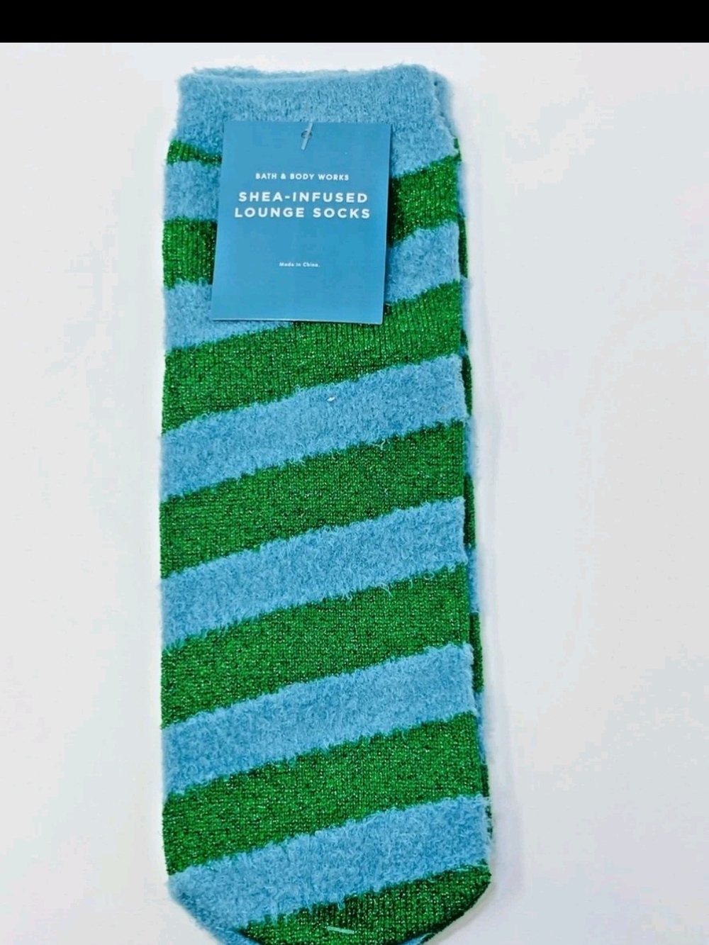 Bath & Body Works Plush Striped Lounge Socks in Sky Blue & Grass Green Nwt